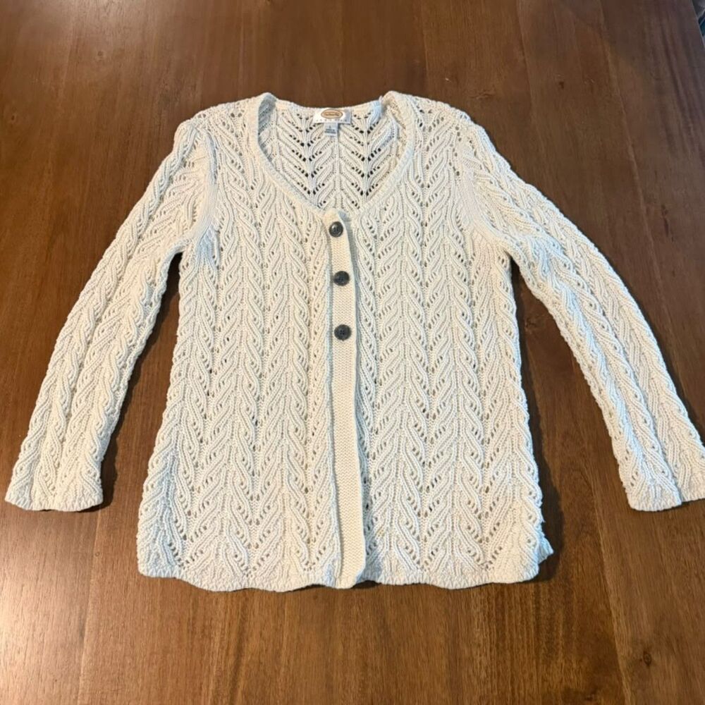 Talbots Cardigan L 100% Cotton Ivory Pointelle Open Knit Button Front Sweater